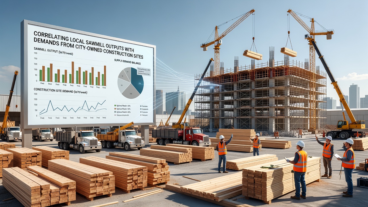 City construction site receiving locally milled lumber with workers organizing delivery stacks