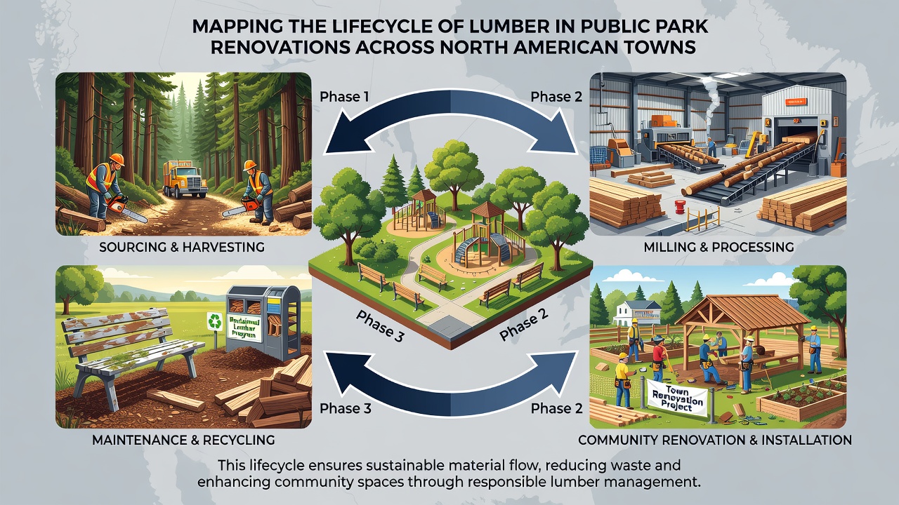 Installed lumber structures including benches and decking in a renovated public park setting