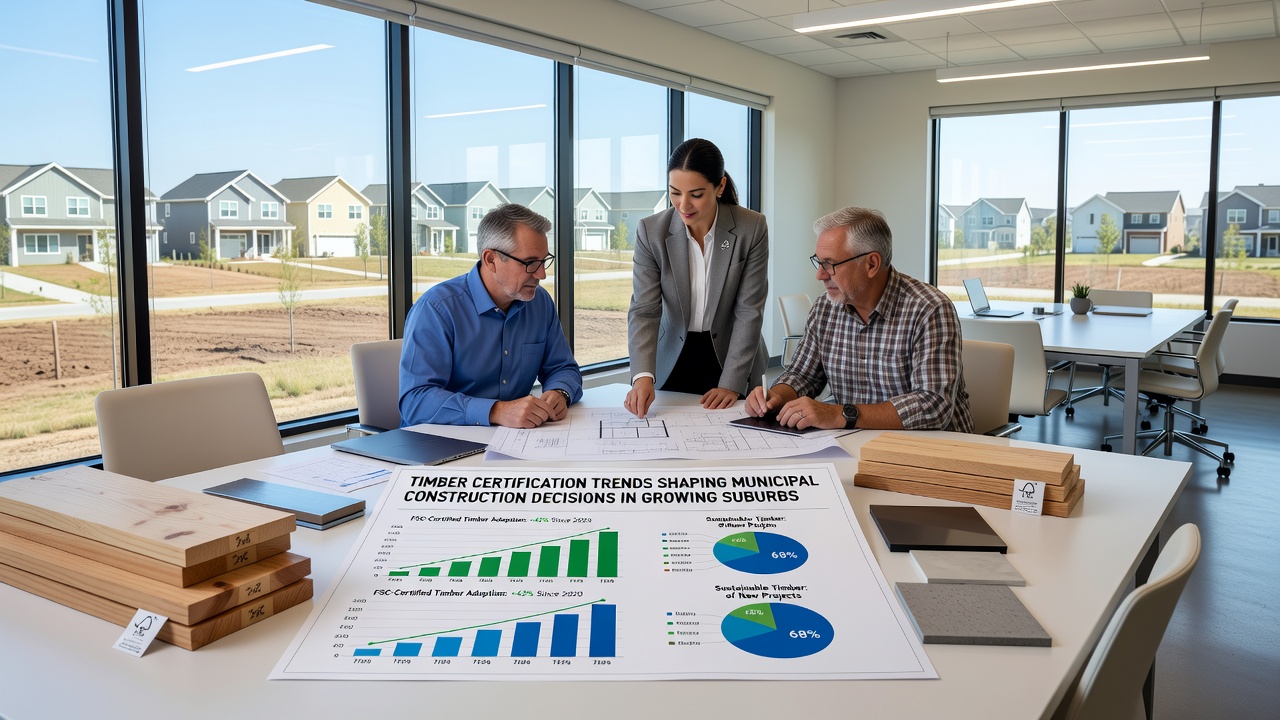Municipal planners reviewing timber certification documents during a suburban construction site meeting